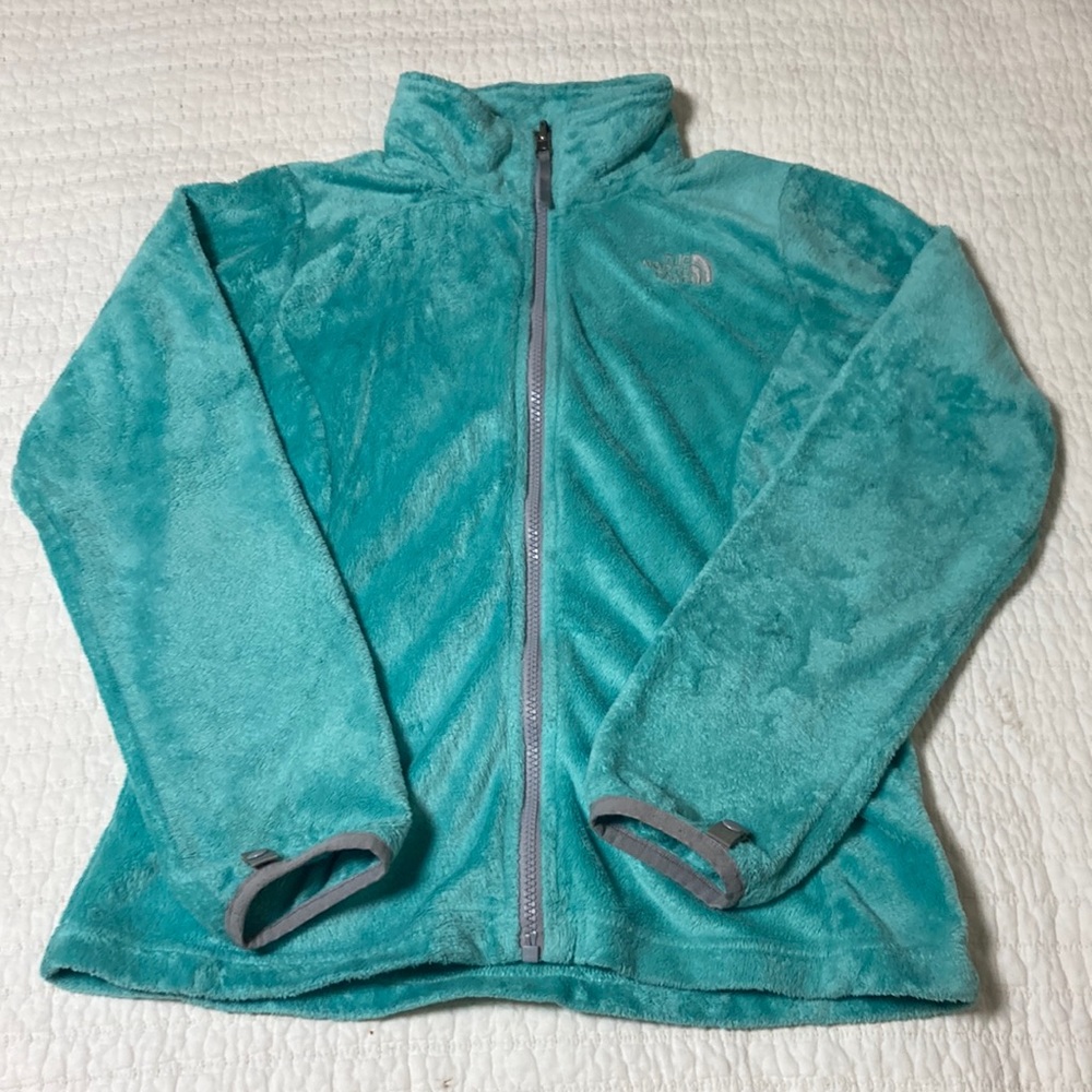 Girls North Face 3 in one coat , raincoat + fleece insert in gray and teal